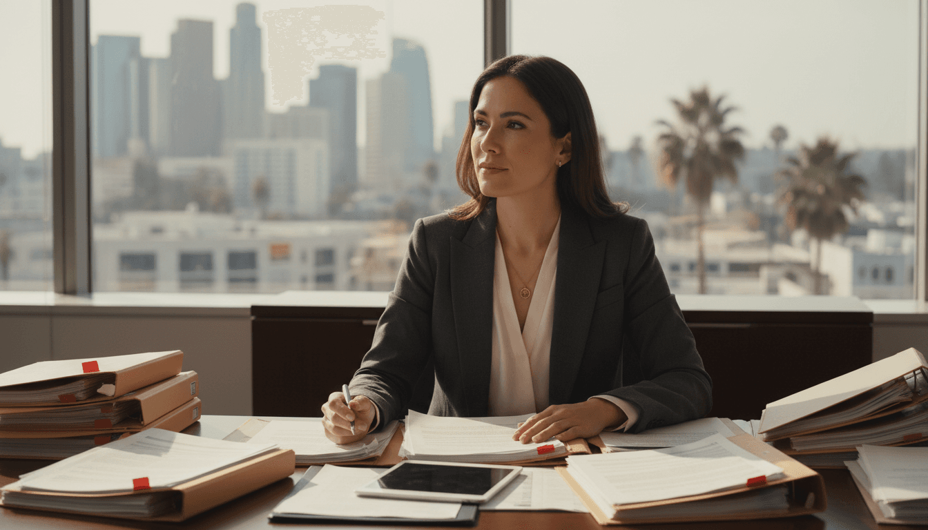 Immigration attorney reviewing case files at her desk in a Los Angeles law office