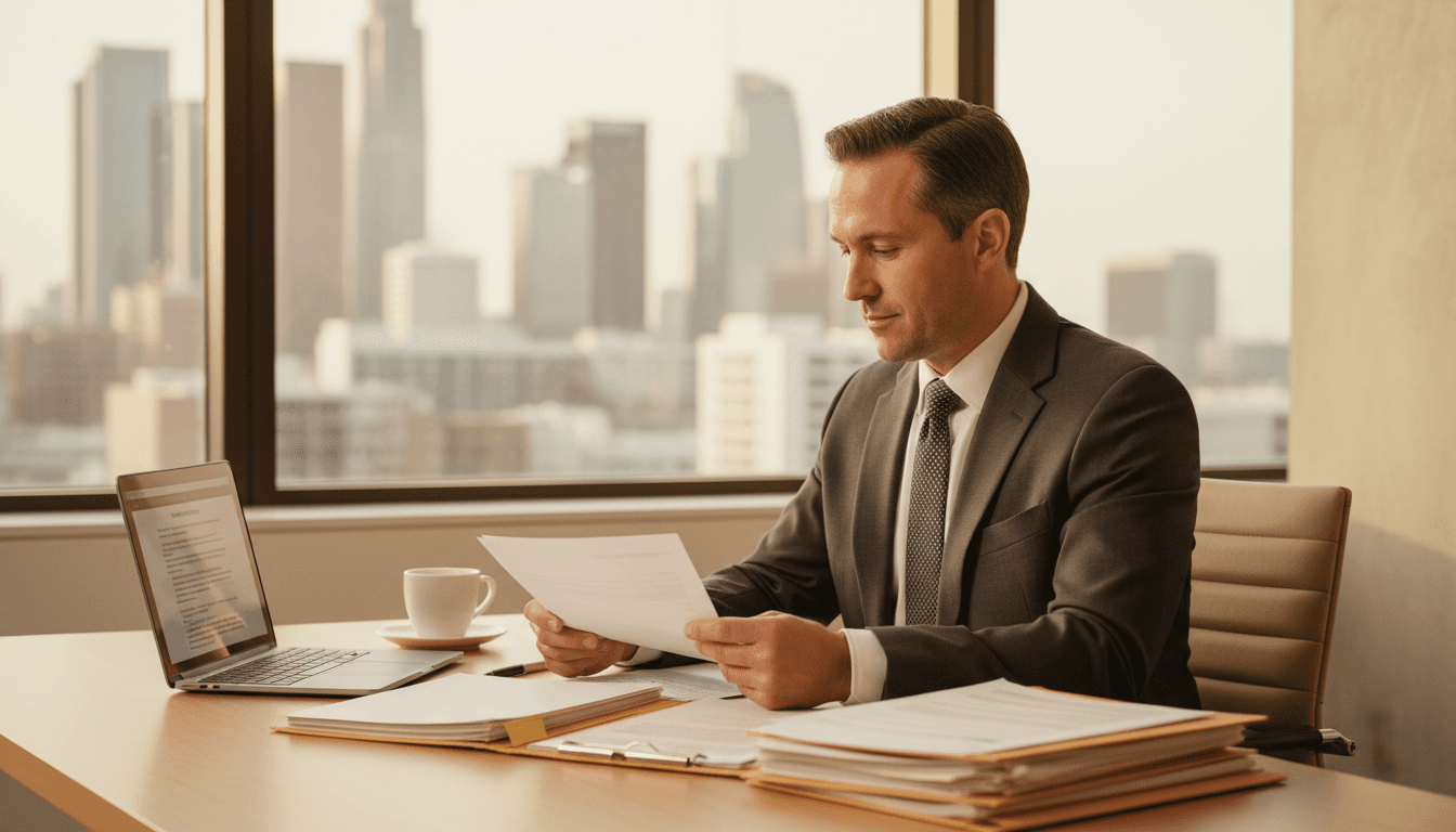 Immigration attorney reviewing documents at desk