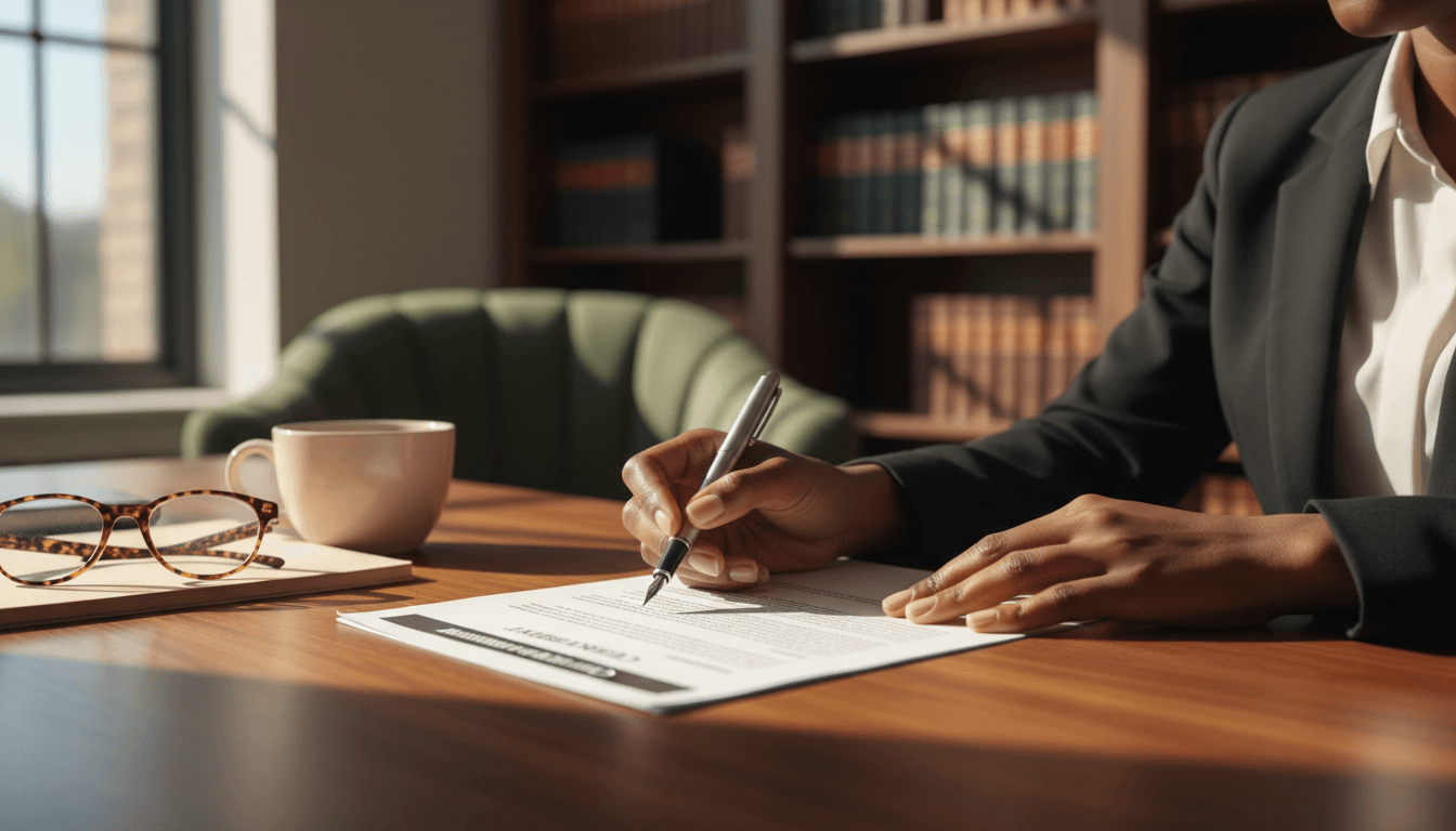 Immigration attorney reviewing client documents at desk