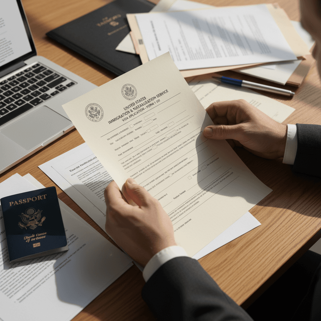 Immigration case documents and visa stamps on a desk