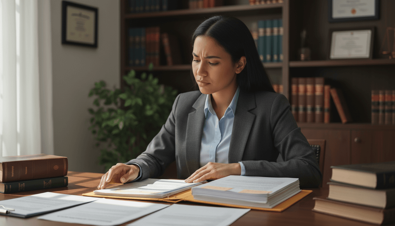 Immigration attorney reviewing legal documents with careful attention