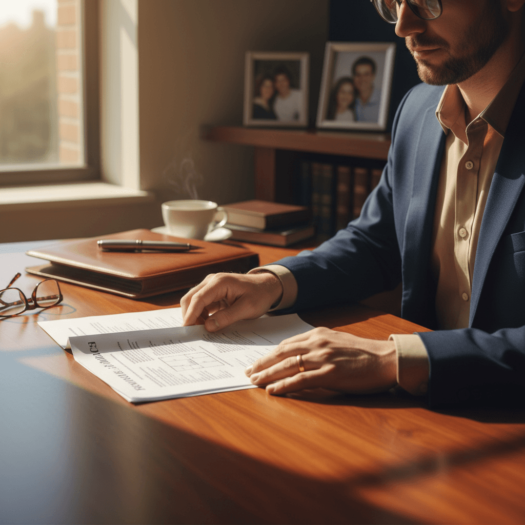 Immigration attorney reviewing visa documents with client at office desk